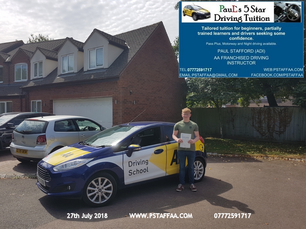 Ben Chandler Highnam first time driving test pass in hereford witrh Paul's 5 Star driving Tuition